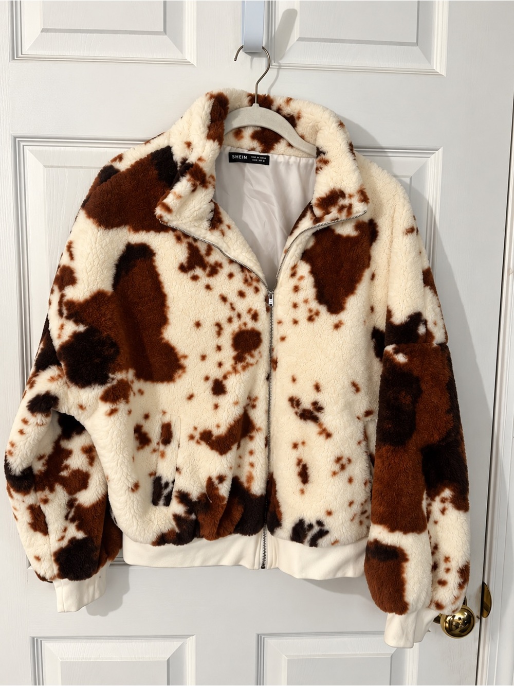 SHEIN Cream & Brown Faux Sherpa Zip-Up Jacket